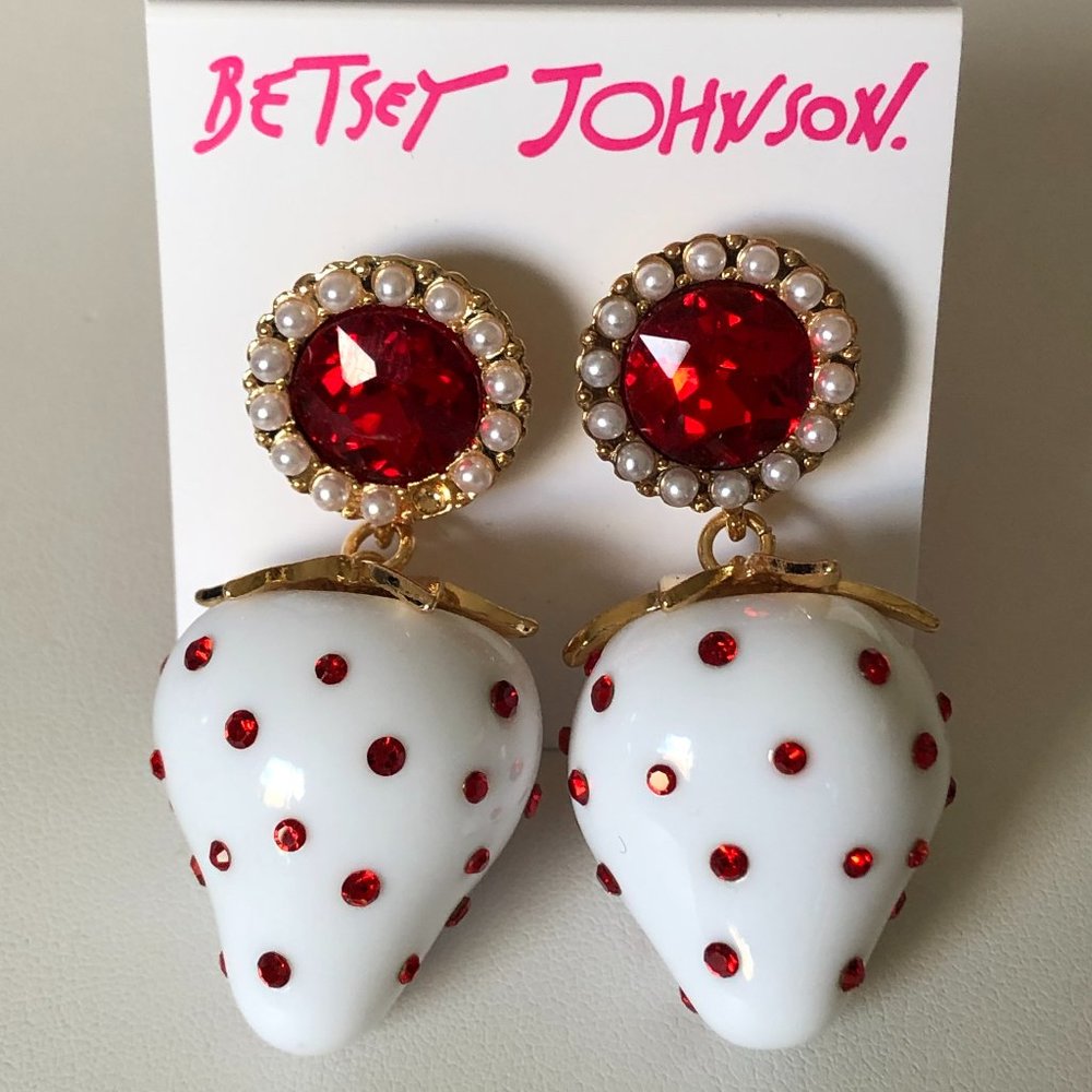 Betsey Johnson White Strawberry Red Crystal Faux Pearl Drop Earrings